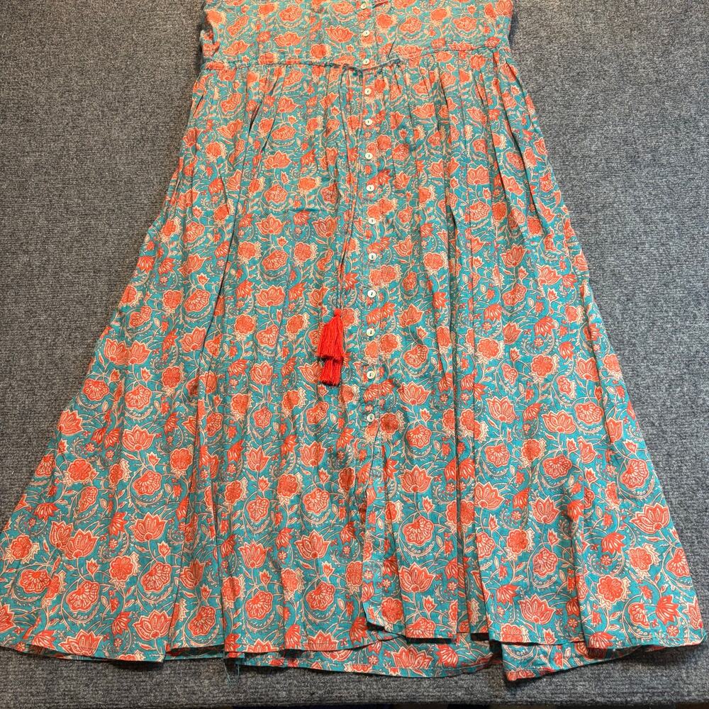 Natural Life Floral Cotton Maxi Dress Blue Orange Button Front Boho Tassel M - Picture 3 of 8